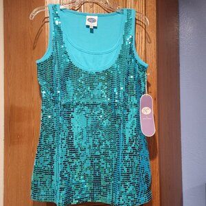 DG2 by Diane Gilman Women's Turquoise Sequin Sleeveless Top Cotton NWT Size L